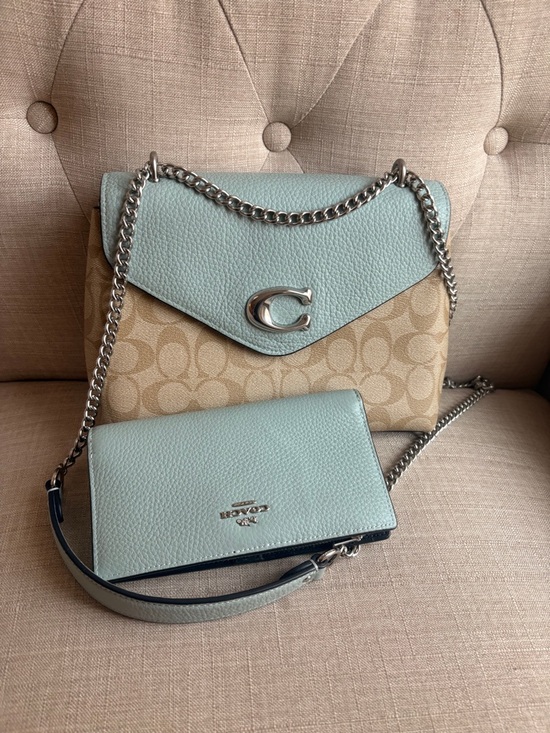 Coach Handbags - Coach Signature Canvas Crossbody with Light Blue Leather Trim and Wallet